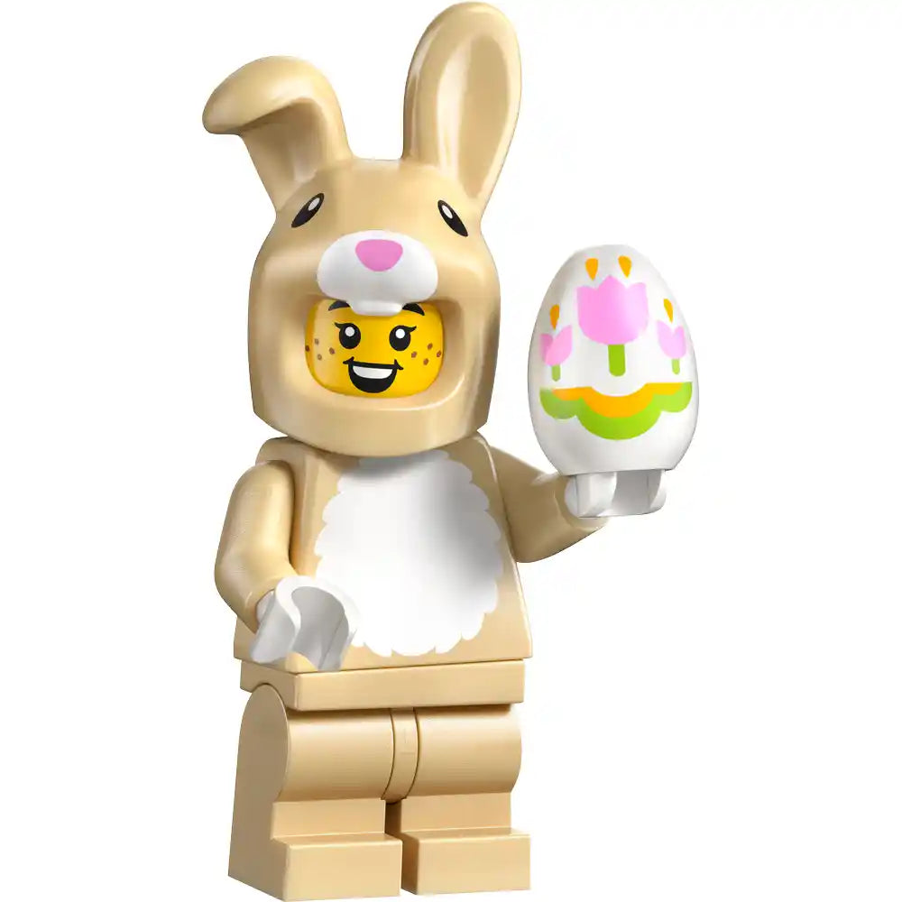 LEGO minifigure of a cream and white Easter bunny holding a decorated egg with pink tulips and green grass design, from Series 28 Animals collection 71051