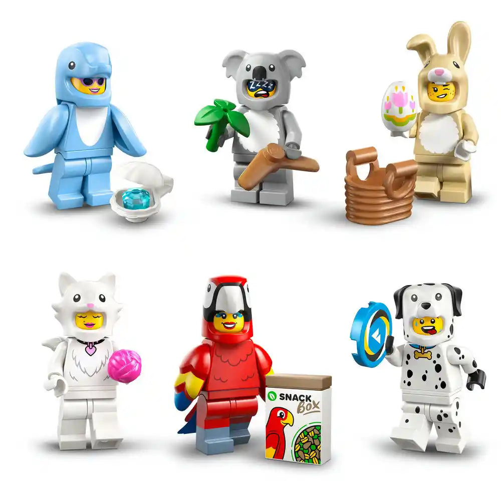 Six colorful LEGO minifigures from Series 28 displayed in two rows: blue dolphin character with gem accessory, gray koala with green leaves and branch, tan bunny with decorated Easter egg, white cat with pink ball, red parrot with snack box, and white dalmatian dog with blue frisbee