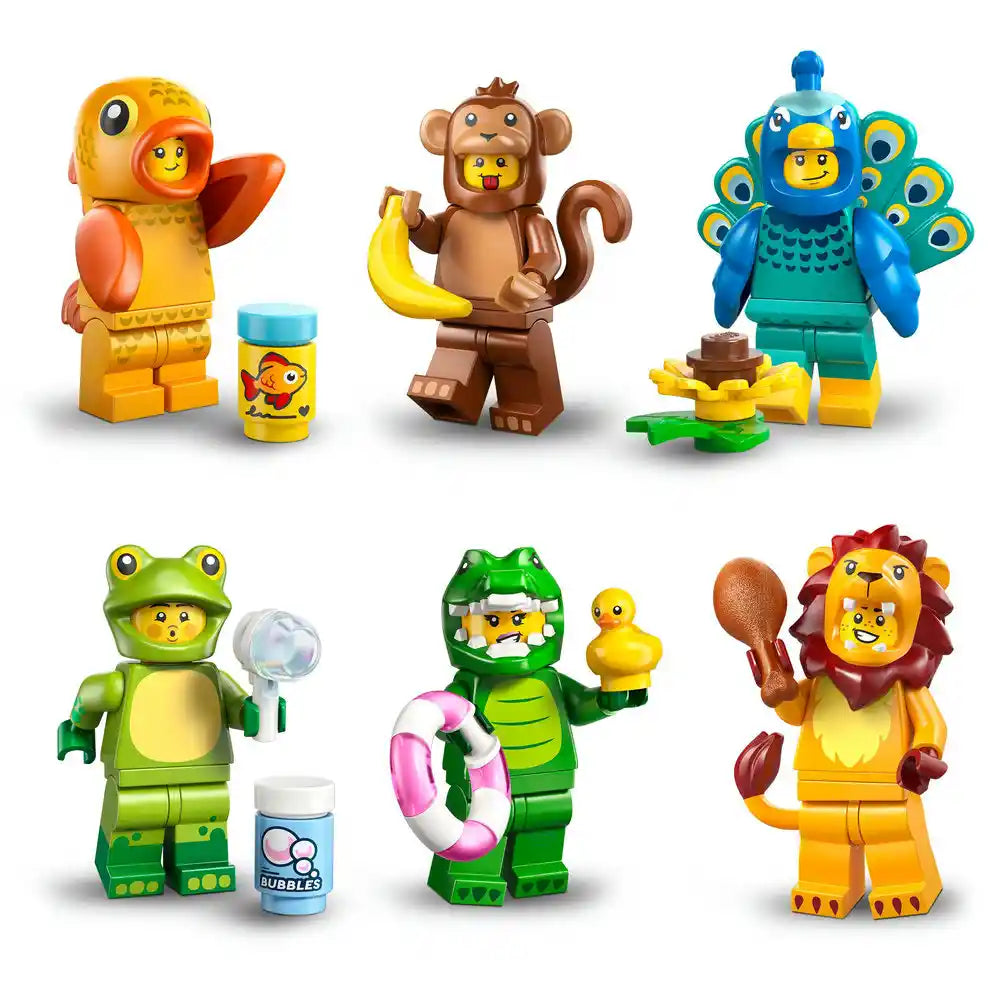 LEGO Animals Series 28 minifigures collection showing six colorful plastic toy characters including a yellow parrot, brown monkey, blue peacock, green frog, green crocodile and orange lion, each with distinct animal features and accessories displayed against white background