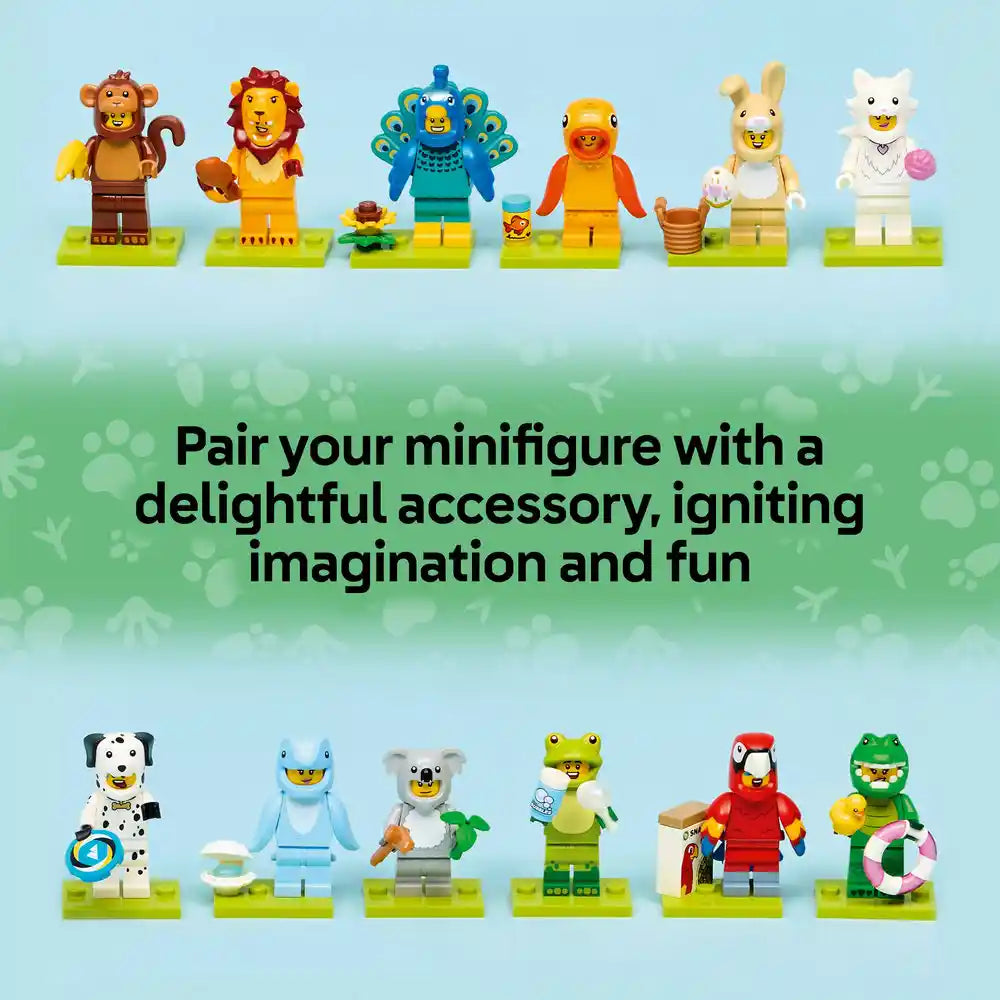 LEGO Minifigures Series 28 animal characters displayed on green bases showing twelve colorful figures including a monkey, lion, peacock, duck, llama, bunny, dalmatian dog, hippo, koala, frog, parrot and crocodile with various themed accessories against a light blue background