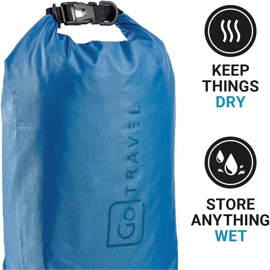 Go Travel blue dry bag with black plastic buckle closure, featuring water-resistant material and product icons indicating it keeps things dry and stores anything wet
