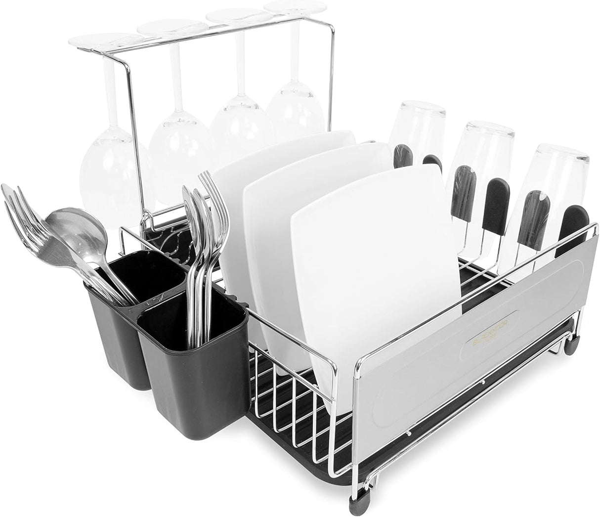 Blackmoor Deluxe Dish Drainer in black and stainless steel featuring hanging wine glasses, compartments for plates and bowls, utensil holder with forks and spoons, and draining trays on a white background