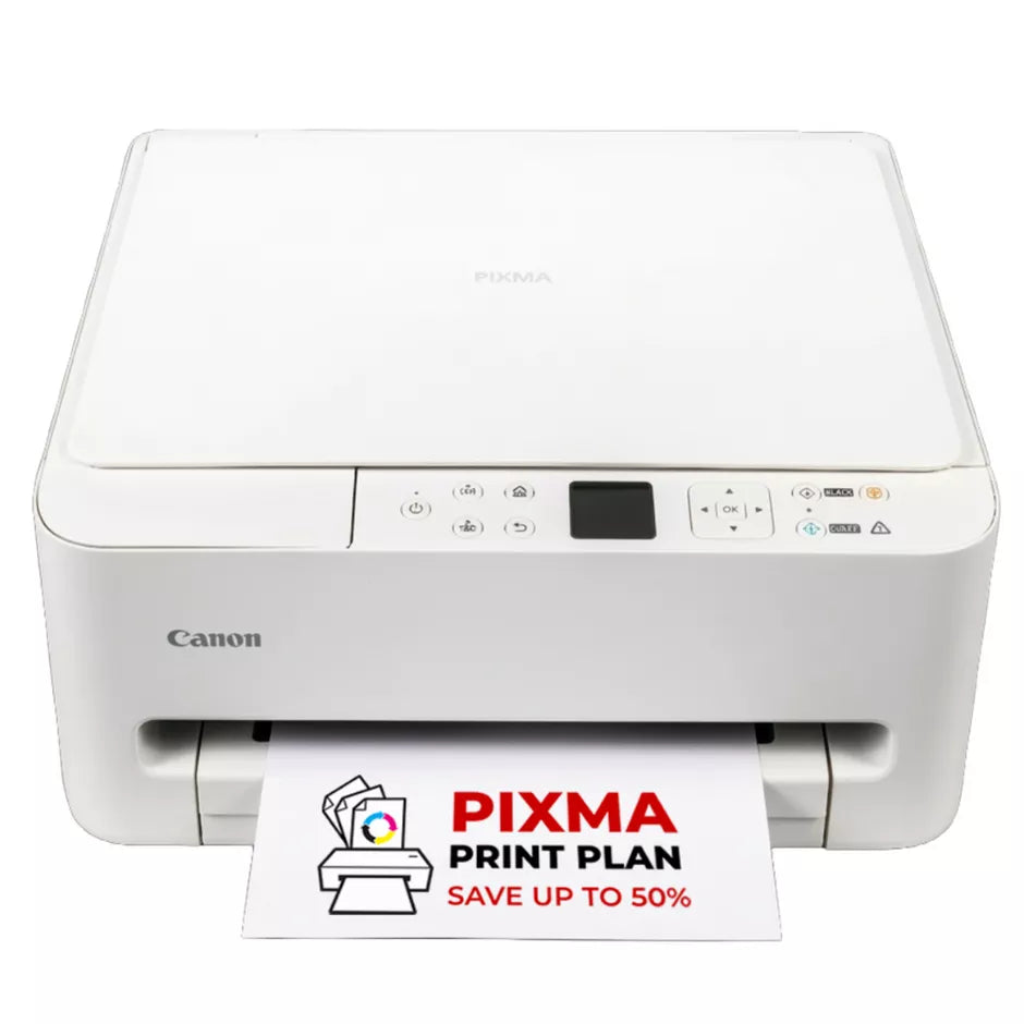 Canon printer with a printed paper showing 'PIXMA Print Plan' offer on a white background