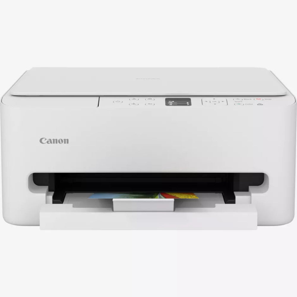Canon TS6550i white all-in-one wireless inkjet printer with paper tray open showing color printed output