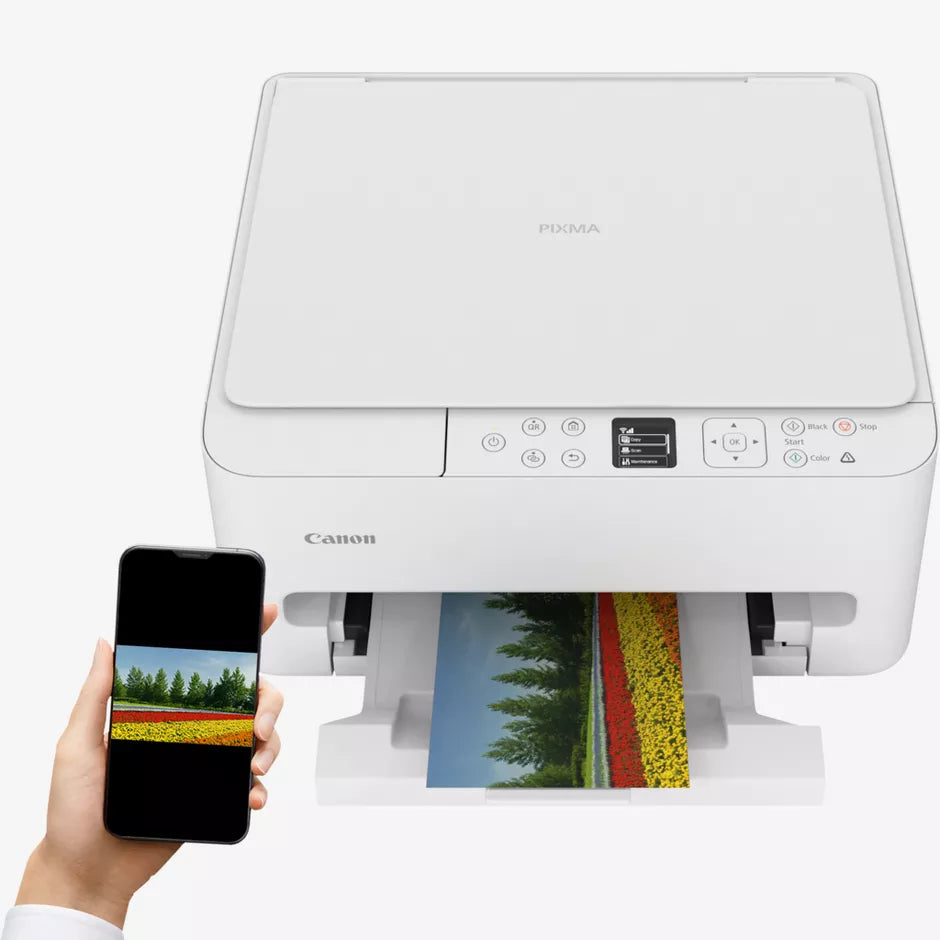 Canon PIXMA TS6550i white wireless all-in-one inkjet printer with smartphone displaying colorful flower field image and printed photo of tulip field emerging from output tray
