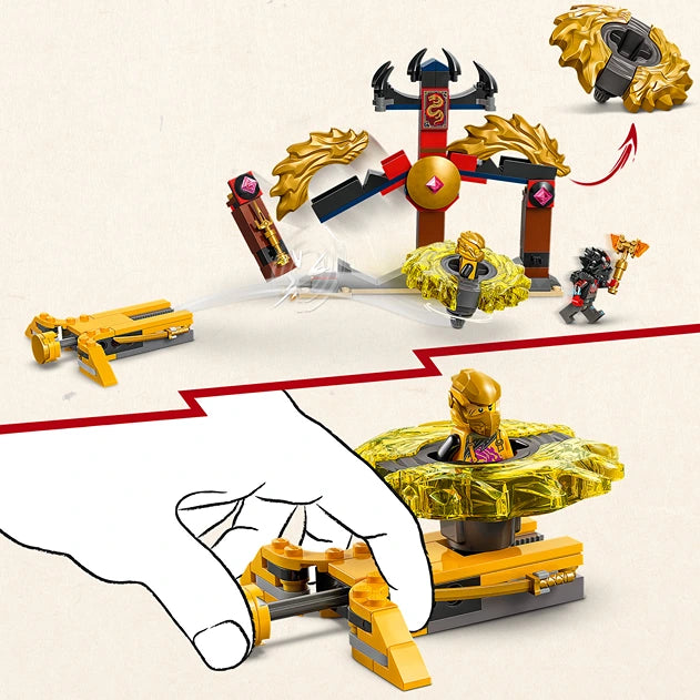 LEGO Ninjago Dragon Spinjitzu Battle Pack 71826 featuring gold and red dragon temple playset with minifigures, spinning mechanism, and yellow dragon vehicle on white background