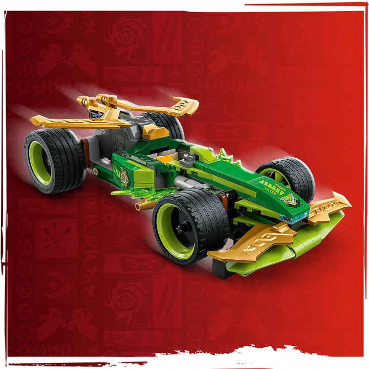 LEGO Lloyd's Pull-Back Race Car 71828 featuring a green and gold motorized vehicle with black racing tires, gold spoilers, and lime green accents against a red background