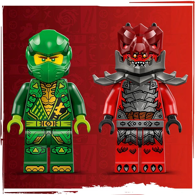 LEGO minifigures of Lloyd in green ninja outfit with yellow accents and a red demon-like antagonist character against a red background from LEGO Ninjago set 71828
