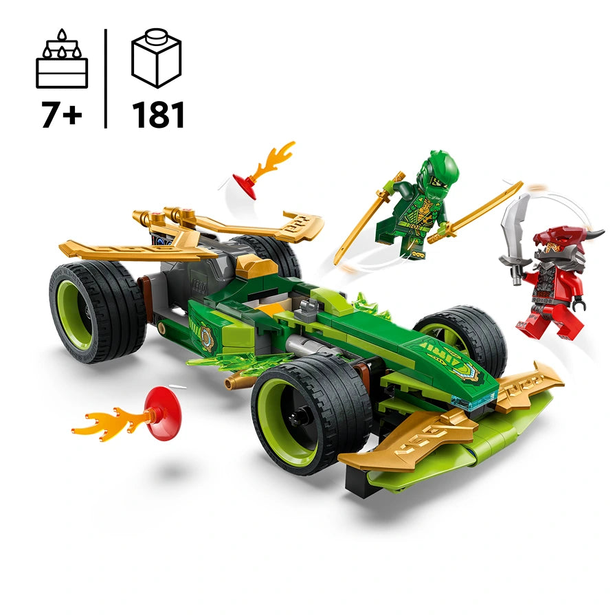 LEGO Lloyd's Pull-Back Race Car set 71828 featuring a green and gold racing vehicle with large black wheels, green ninja minifigure with staff, red demon minifigure with sword, and flame accessories on white background