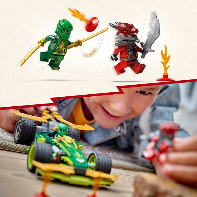 LEGO Lloyd's Pull-Back Race Car set 71828 featuring green ninja minifigure with staff and red warrior minifigure with sword engaged in battle above a child playing with a lime green and yellow racing vehicle on a wooden floor