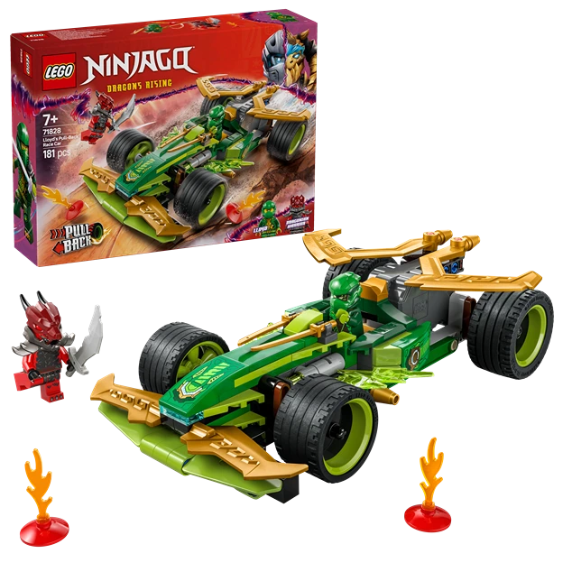 LEGO Ninjago Dragons Rising Lloyd's Pull-Back Race Car set 71828 featuring a green and gold race car with large black wheels, red ninja minifigure with spiky hair, flame accessories and instruction box on red background