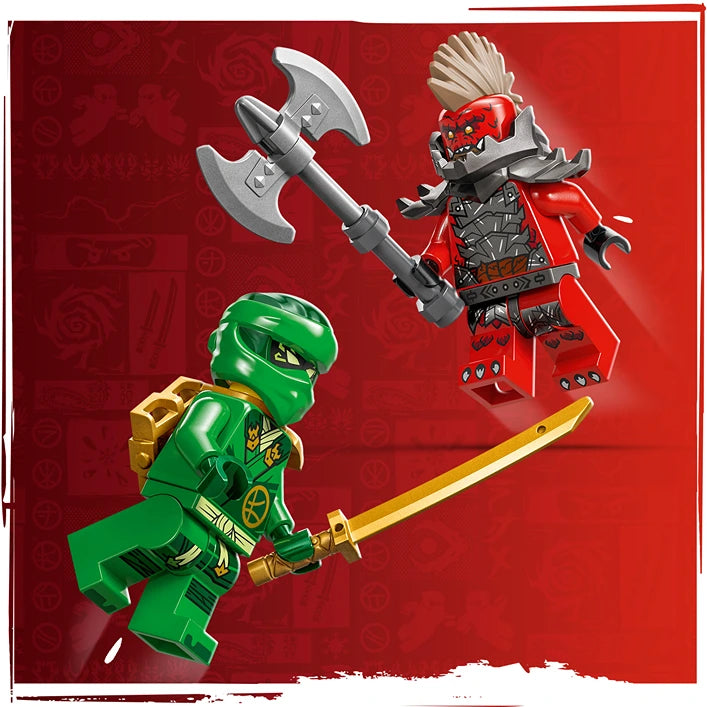 LEGO Lloyd green ninja minifigure with gold accents wielding golden sword facing red demon warrior with axes on red background from set 71829