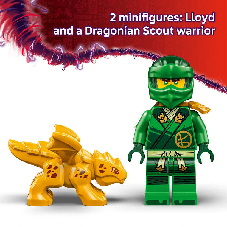 LEGO Lloyd's Green Forest Dragon set 71829 featuring green ninja minifigure Lloyd and golden yellow dragon creature against red background with purple energy effects