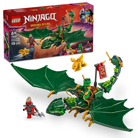 LEGO Ninjago Dragons Rising set 71829 featuring Lloyd's green forest dragon with large emerald wings, gold accents, and includes minifigures of Lloyd in green ninja outfit and a red-clad character, displayed with product box showing 128 pieces