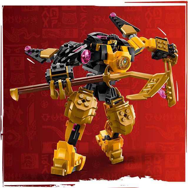 LEGO Arin's Spinjitzu Battle Mech 71839 featuring gold and black motorized mech suit with pink accents, articulated limbs and spinning weapons against red background