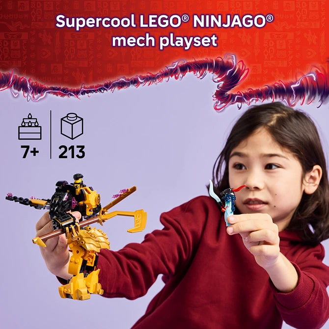 Young girl in maroon hoodie holding and displaying a yellow and black LEGO NINJAGO mech playset with articulated limbs against a red background, featuring the product name, 7+ age rating and 213 piece count