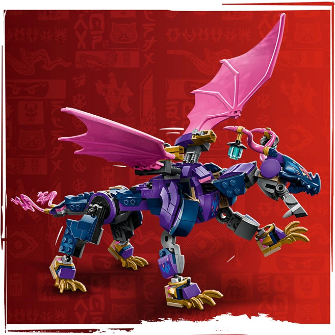 LEGO Rontu the Master Dragon 71842 buildable figure featuring purple and blue segmented body with pink wings, golden claws, and articulated limbs against red background