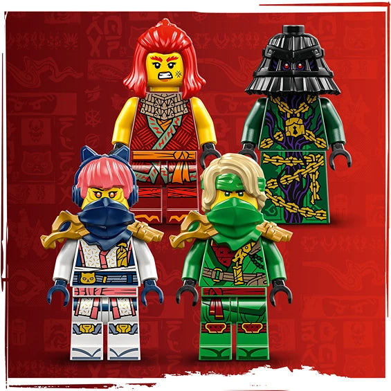 Four LEGO Ninjago minifigures displayed against a red background featuring characters with red, pink, white and green outfits wearing traditional Asian-inspired clothing and masks, representing the Ronin the Master Dragon set 71842