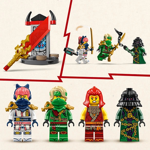 LEGO Ninjago minifigures and dragon toy set featuring colorful ninja characters in green, red, white and black outfits with a red and black dragon structure, product display image showing individual minifig details and assembled playset components