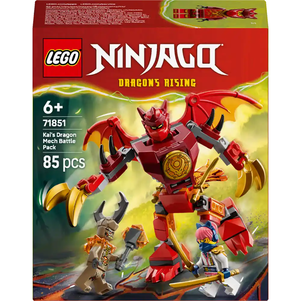 LEGO Ninjago Dragons Rising Kai's Dragon Mech Battle Pack 71851 box showing red and gold dragon mech with articulated wings, minifigures, and 85 pieces for ages 6+