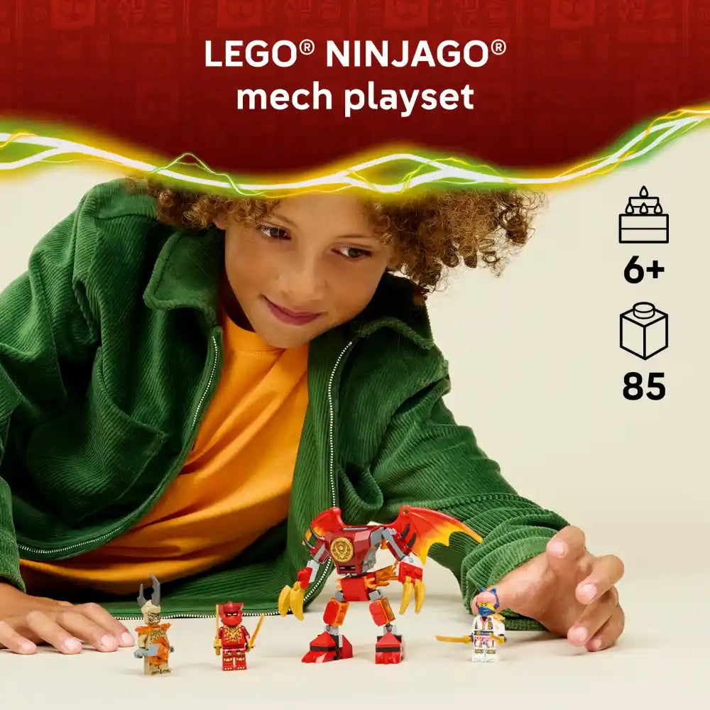 Child wearing green jacket playing with LEGO Ninjago mech playset featuring red and gold robot mech, minifigures and accessories, 85 pieces, ages 6 and up