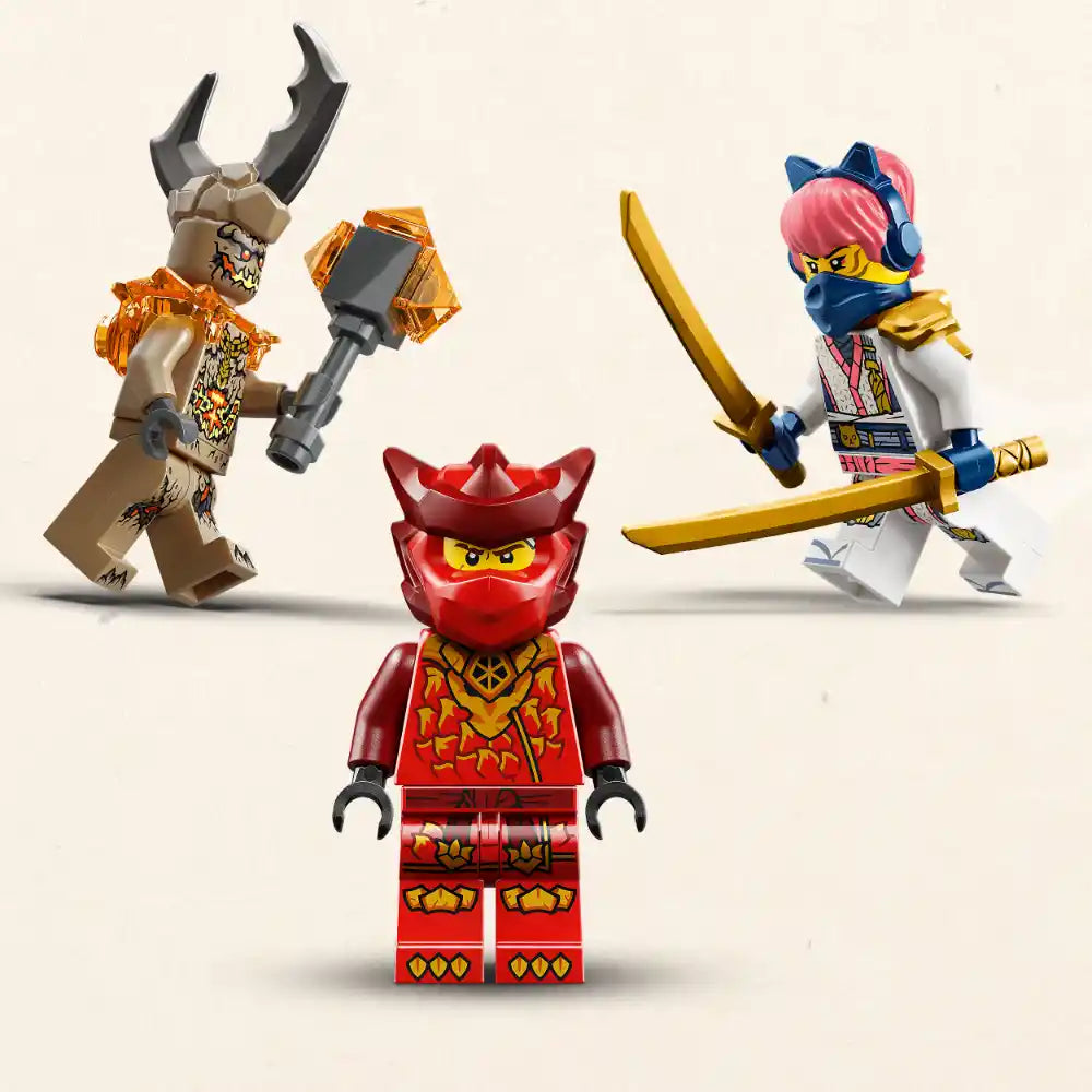 LEGO Ninjago minifigures including red ninja Kai with sword, pink-haired ninja with dual swords, tan villain with horns and hammer, and red mask character, displayed against white background