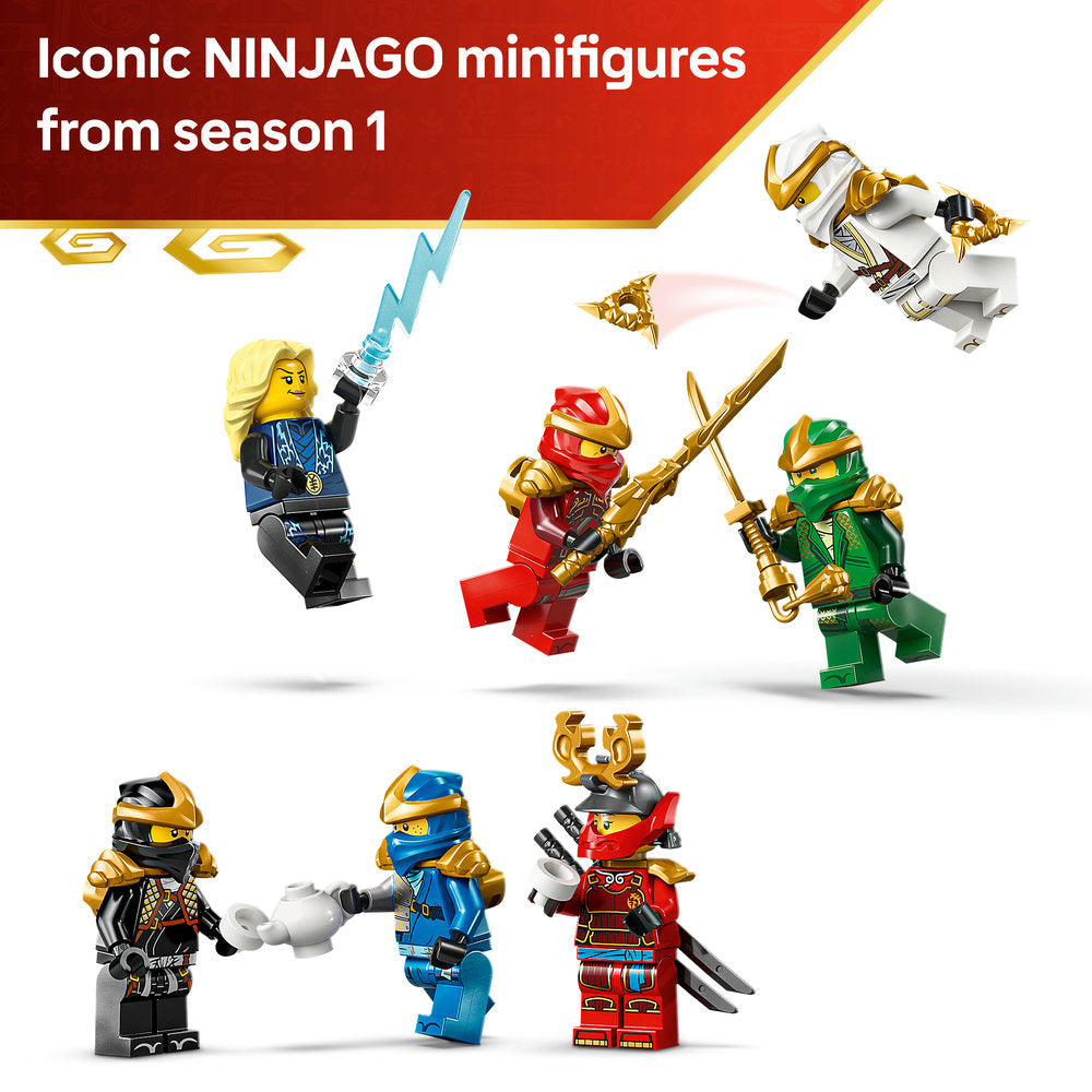 Iconic NINJAGO minifigures from season 1 displayed against a red and gold background, featuring six colorful LEGO ninja characters in various poses with weapons including a blonde ninja with lightning sword, red ninja with staff, green ninja with nunchucks, gold and black ninja, blue ninja, and red ninja with horns, plus a white and gold dragon-like figure at the top right