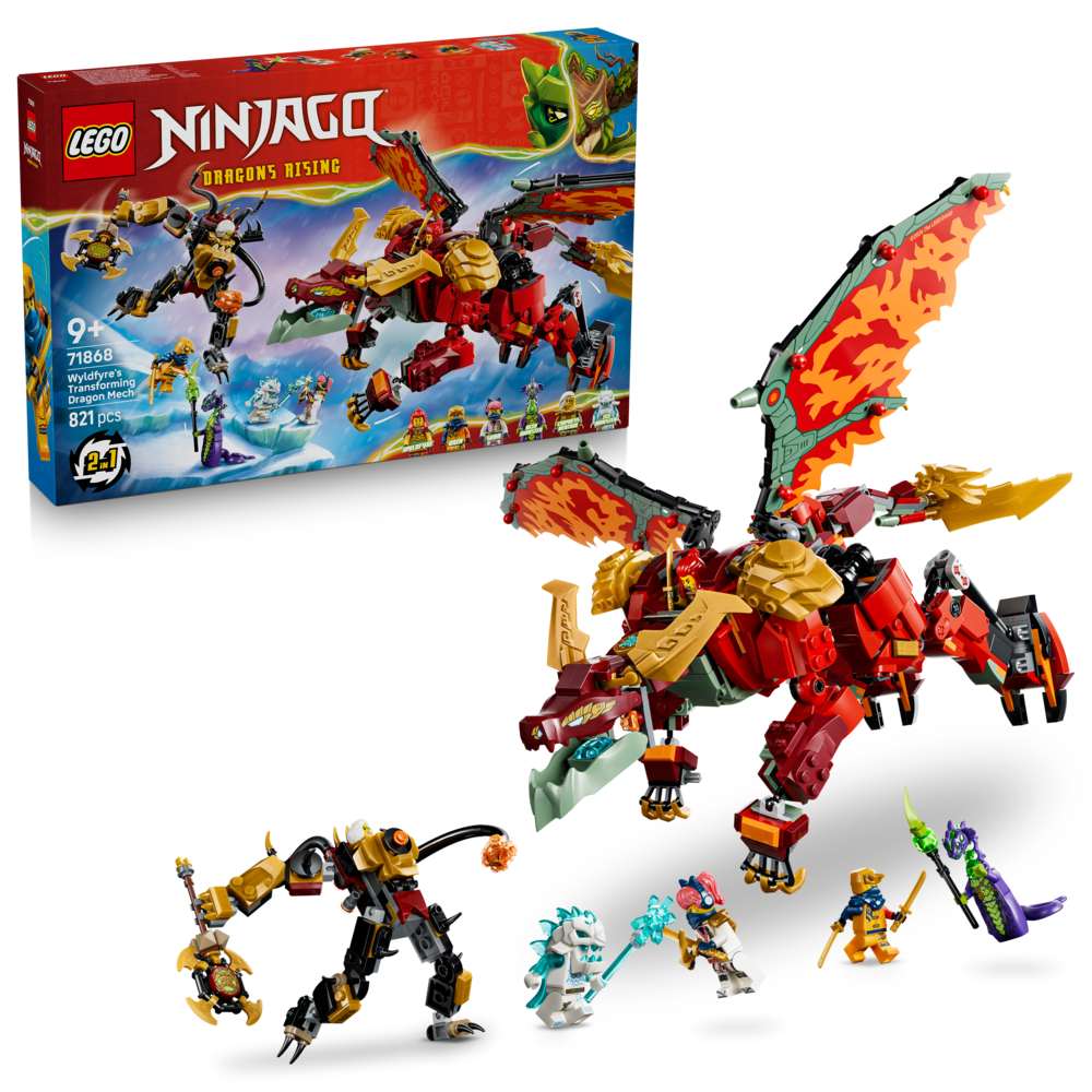 LEGO Ninjago Wyldfyre's Transforming Dragon Mech 71868 - shown with its product box. 821 pieces. Ages 9+.
