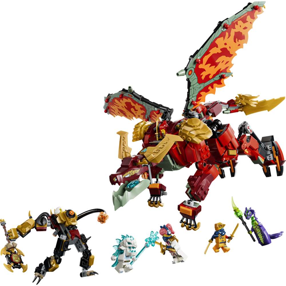 LEGO Ninjago Wyldfyre's Transforming Dragon Mech 71868 - the fully built model on a plain background. 821 pieces. Ages 9+.