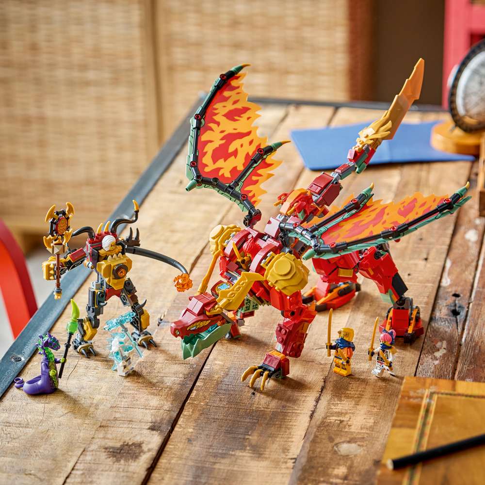LEGO Ninjago Wyldfyre's Transforming Dragon Mech 71868 - the finished build shown in a home setting. 821 pieces. Ages 9+.