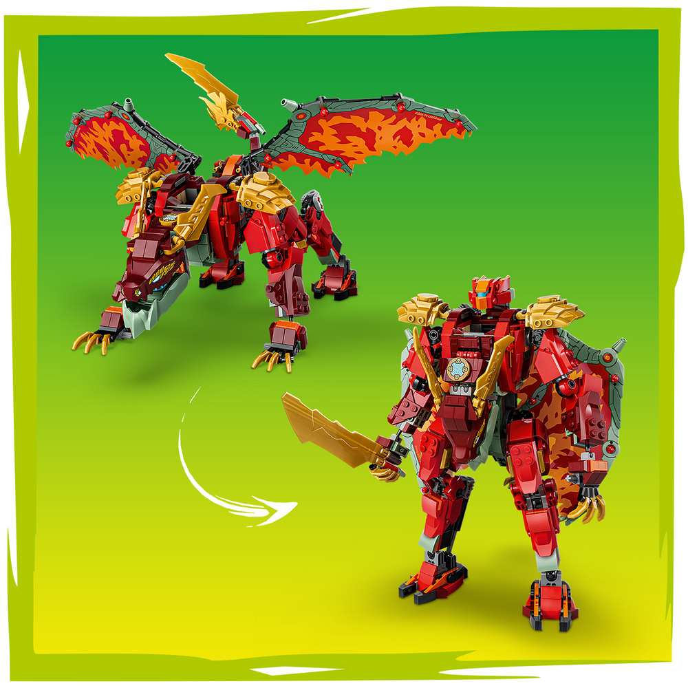 LEGO Ninjago Wyldfyre's Transforming Dragon Mech 71868 - close-up detail of the finished build. 821 pieces. Ages 9+.