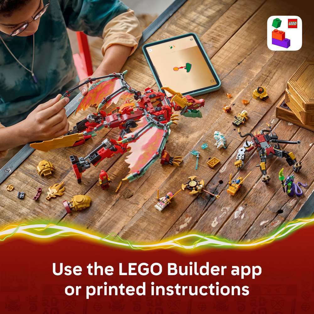 LEGO Ninjago Wyldfyre's Transforming Dragon Mech 71868 - captioned product view. 821 pieces. Ages 9+.