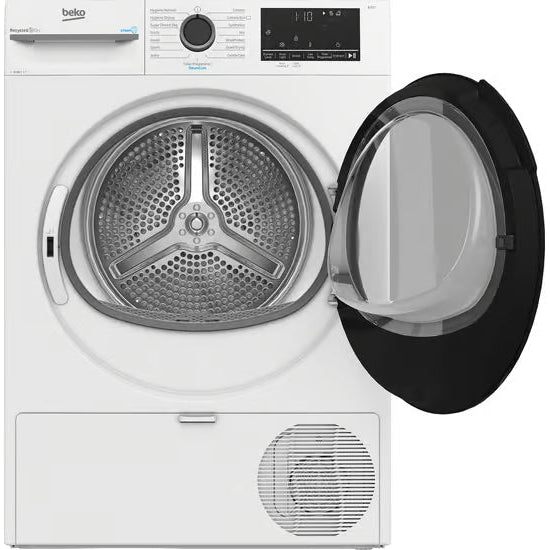 Beko 12kg heat pump sensor dryer in white with open door showing stainless steel drum, digital display panel, and condenser unit at bottom