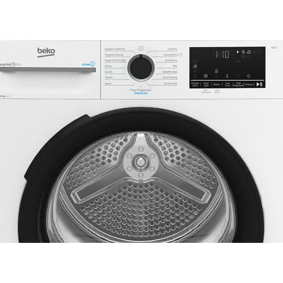 Beko 12kg heat pump sensor dryer in white with black door drum visible, control panel with digital display and rotary dial shown at top