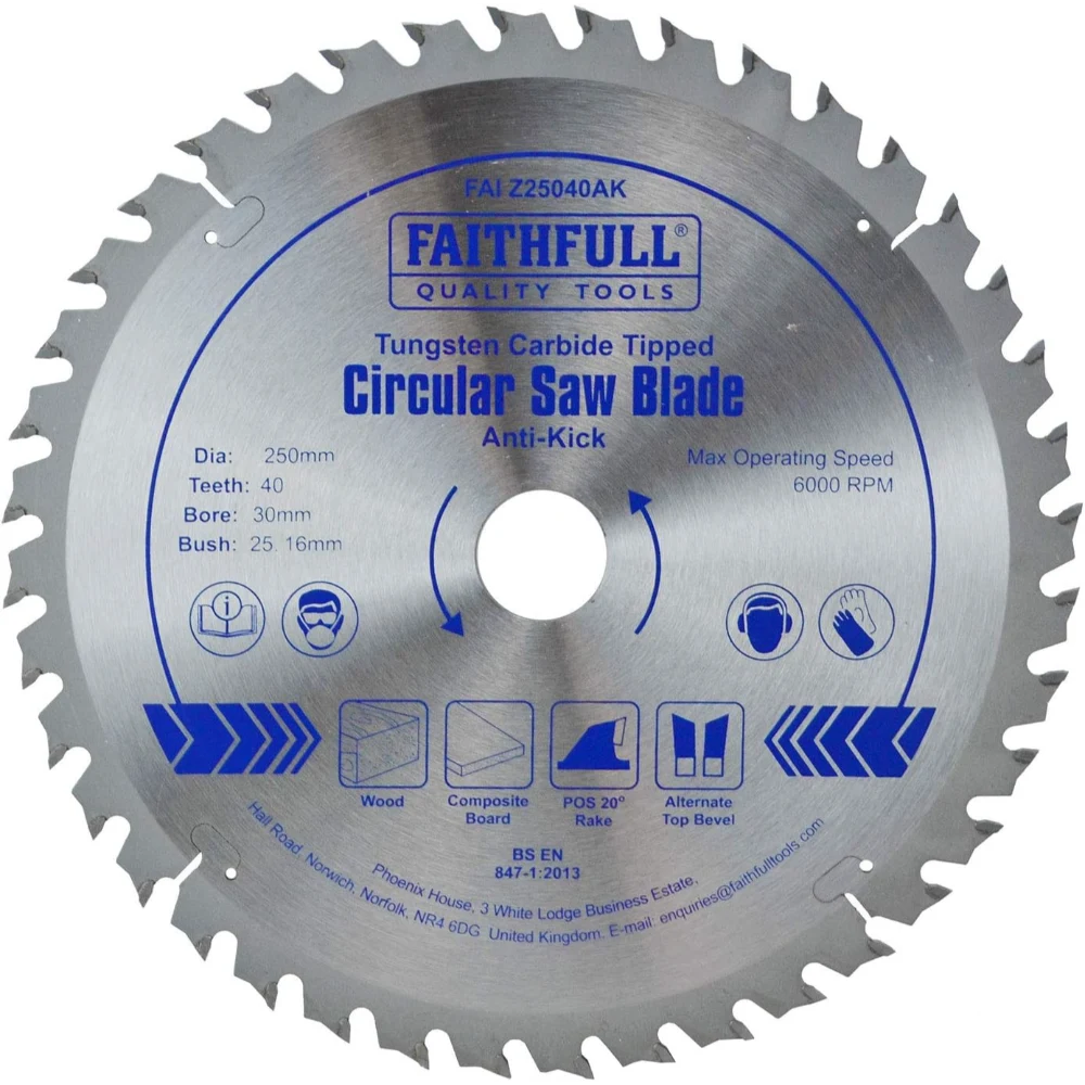 Faithfull Circ Circular Saw Blade Anti Kick 250mm x 30mm x 40 Tooth | FAIZ25040AK