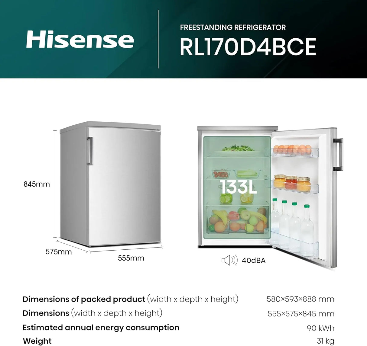 Hisense 56cm Undercounter Larder Fridge - Stainless Steel | RL170D4BCE