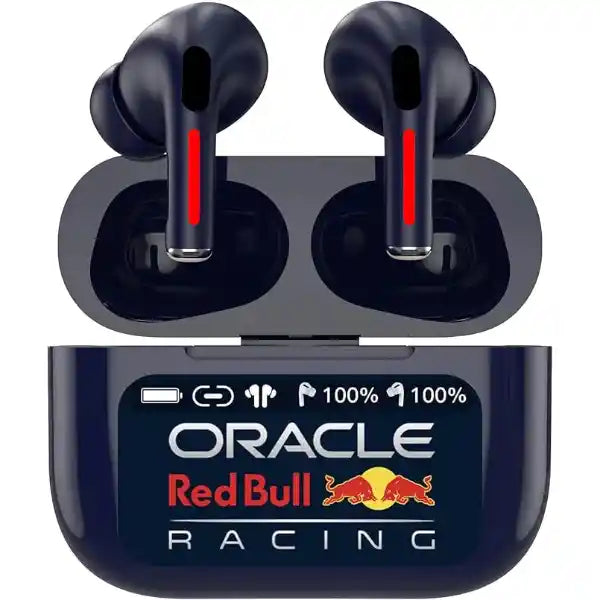 Red Bull Racing Oracle touch screen earbuds with noise cancelling in dark blue with red accents, shown with matching charging case displaying 100% battery indicators