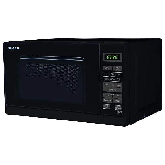 Black Sharp microwave oven on a white background