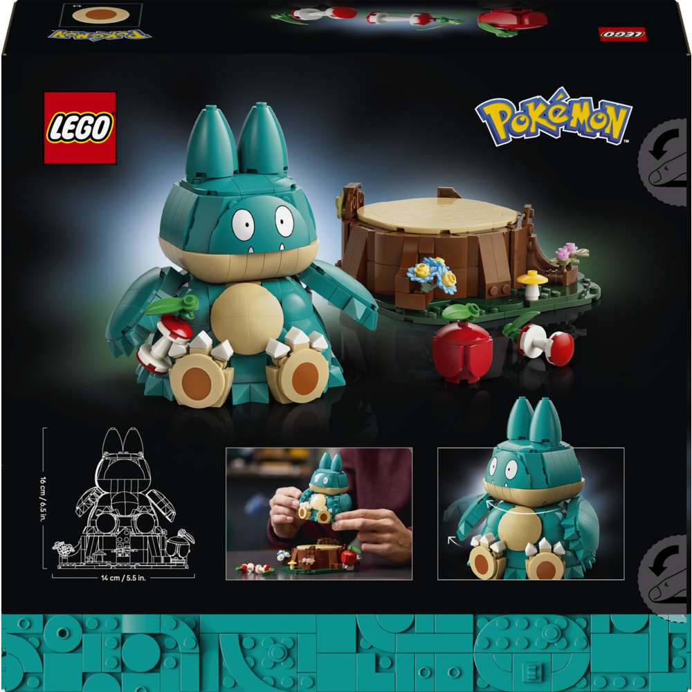 LEGO Pokémon Munchlax 72150 - the back of the box showing play features and box contents. 757 pieces. Ages 18+.