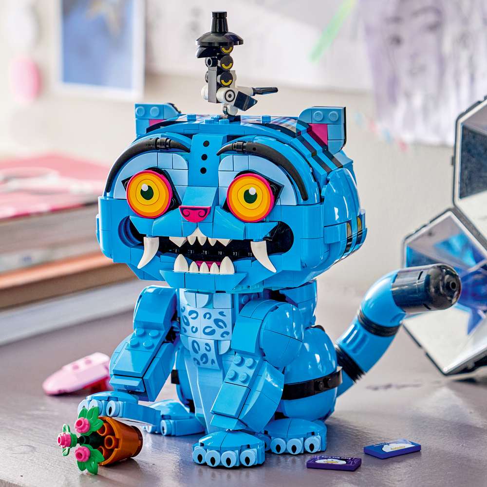 LEGO KPop Demon Hunters Derpy Tiger and Sussie Bird 72537 - the finished build shown in a home setting. 825 pieces. Ages 9+.