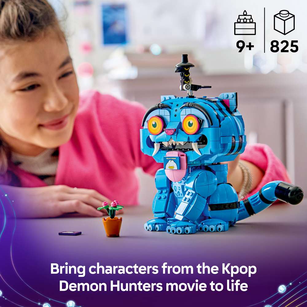 LEGO KPop Demon Hunters Derpy Tiger and Sussie Bird 72537 - captioned product view. 825 pieces. Ages 9+.