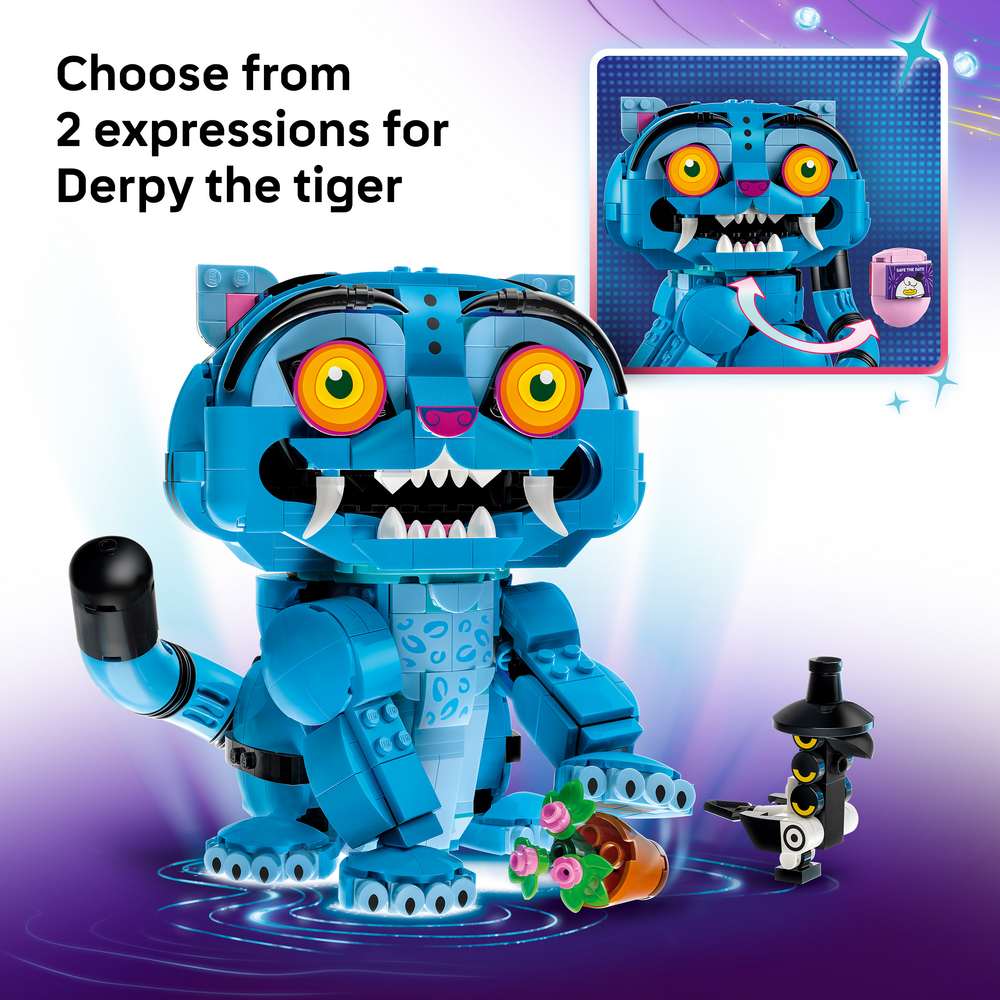 LEGO KPop Demon Hunters Derpy Tiger and Sussie Bird 72537 - captioned product view. 825 pieces. Ages 9+.