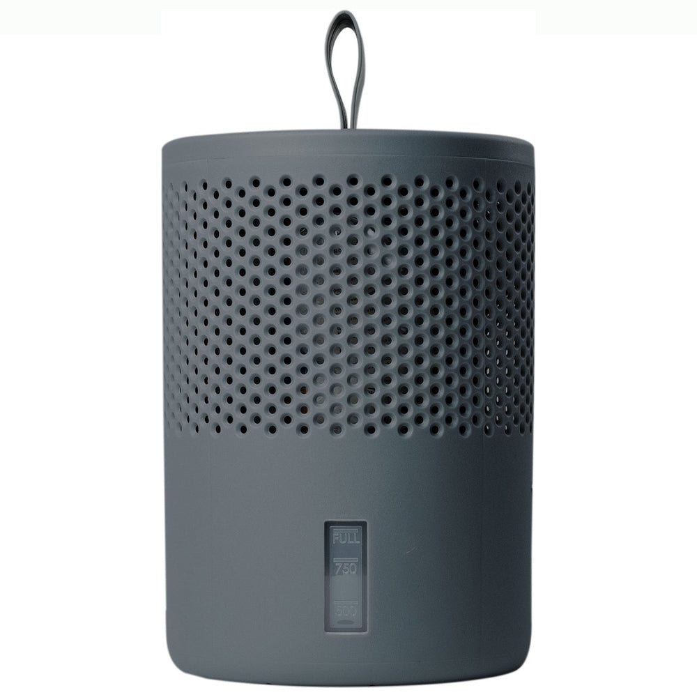 Grey cylindrical moisture absorber container with perforated metal top section, solid base panel, loop handle, and full capacity indicator marking