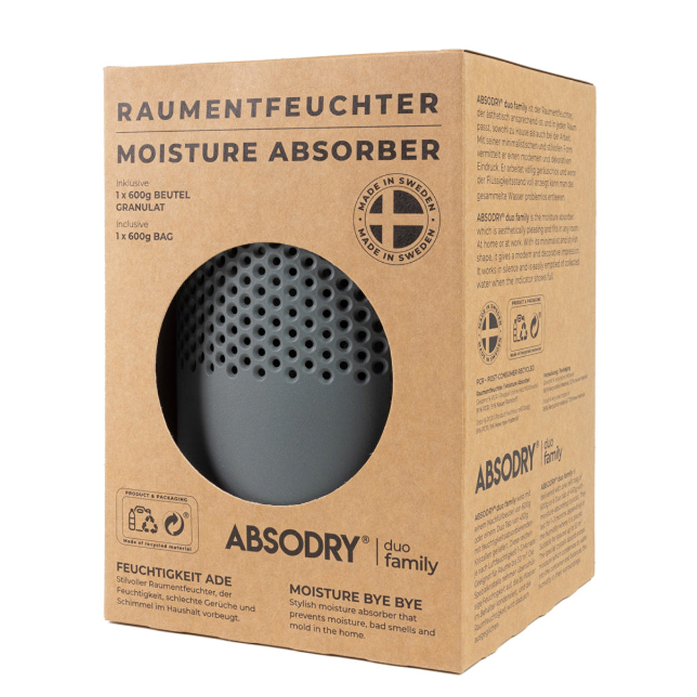 AbsoDry Duo Family Moisture Absorber grey spherical dehumidifier with perforated top in cardboard packaging, includes 600g granule refill bag, made in Sweden