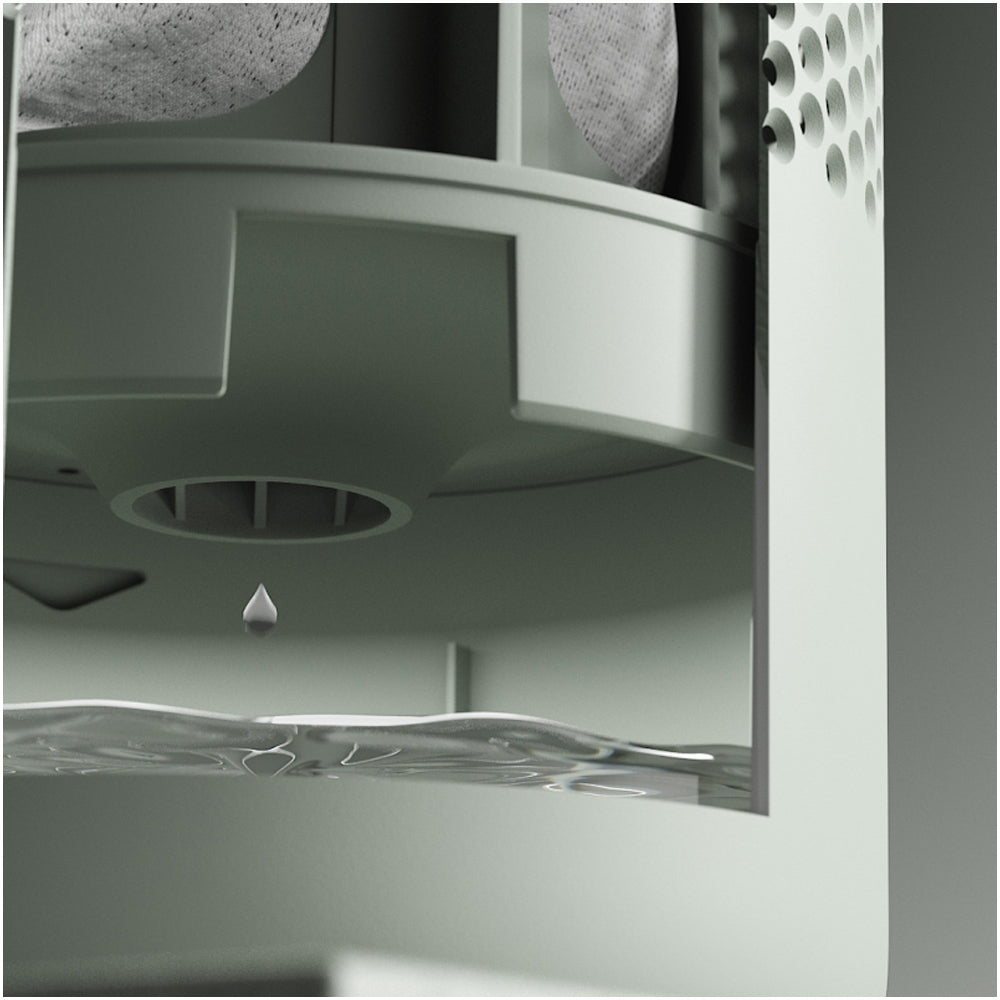 Grey AbsoDry Duo Family Moisture Absorber 600g showing interior product display with water droplets collecting at the base and perforated top vents for moisture absorption