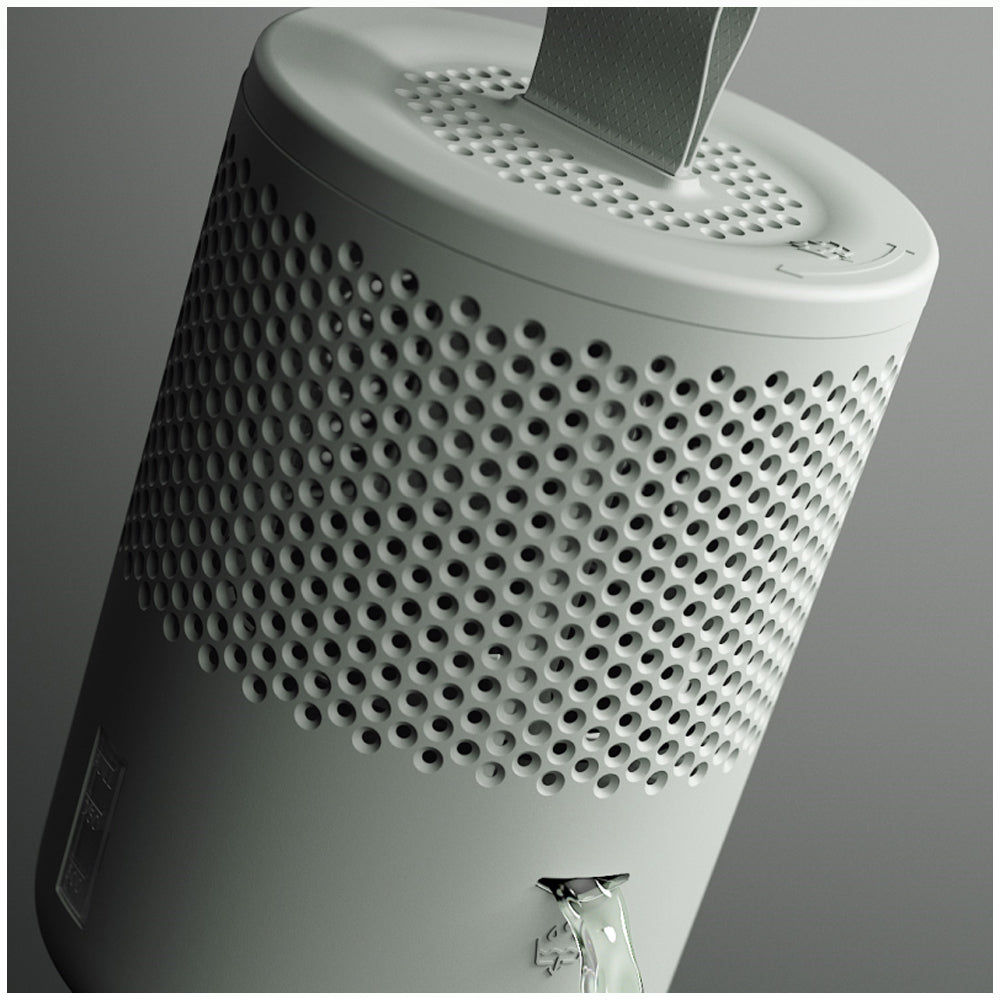 White cylindrical moisture absorber with perforated ventilation holes, grey replaceable cartridge insert on top, and hanging loop at bottom against neutral background