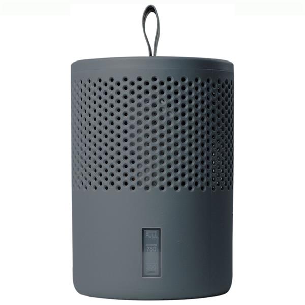 Grey cylindrical moisture absorber with perforated top section and solid lower body, featuring a loop handle and control panel, 600g capacity