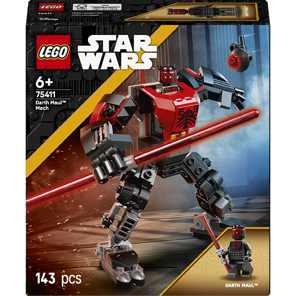 LEGO Star Wars Darth Maul Mech set 75411 featuring red and black buildable mech suit with lightsaber, minifigure, and 143 pieces on black packaging with product details