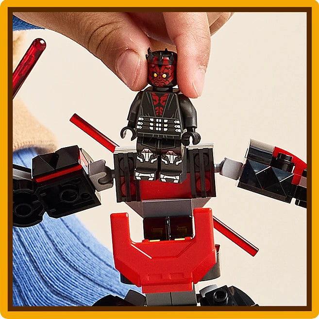 LEGO Darth Maul Mech 75411 buildable figure with red and black coloring held in hand showing articulated limbs and detailed minifigure head piece