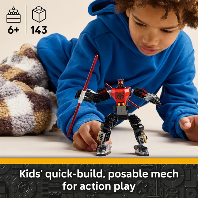 Child in blue hoodie playing with red and black Lego Darth Maul Mech buildable figure featuring posable joints and lightsaber accessory, 143 pieces, age 6 plus